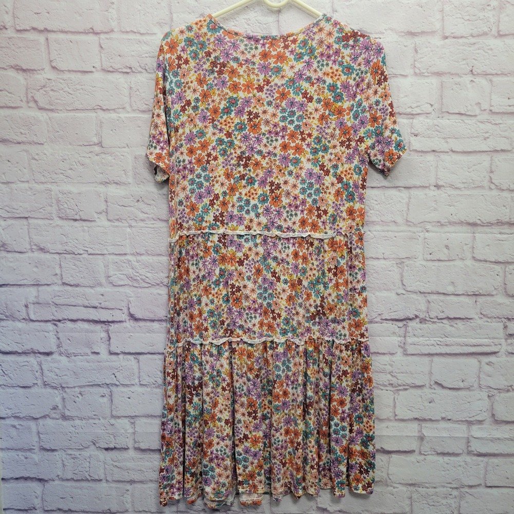 Greige Floral Tiered Cottage Dress Sz L Stretch Boho Lightweight Feminine Summer - Picture 2 of 8